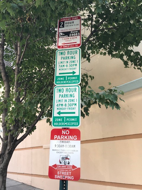 A single DC parking pole loaded with four conflicting signs